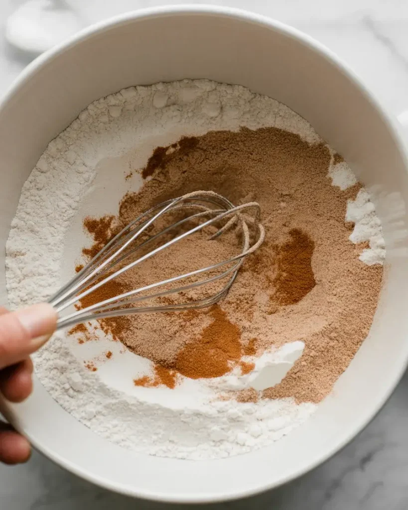 Whisking spiced dry ingredients ensures even distribution throughout the dough.