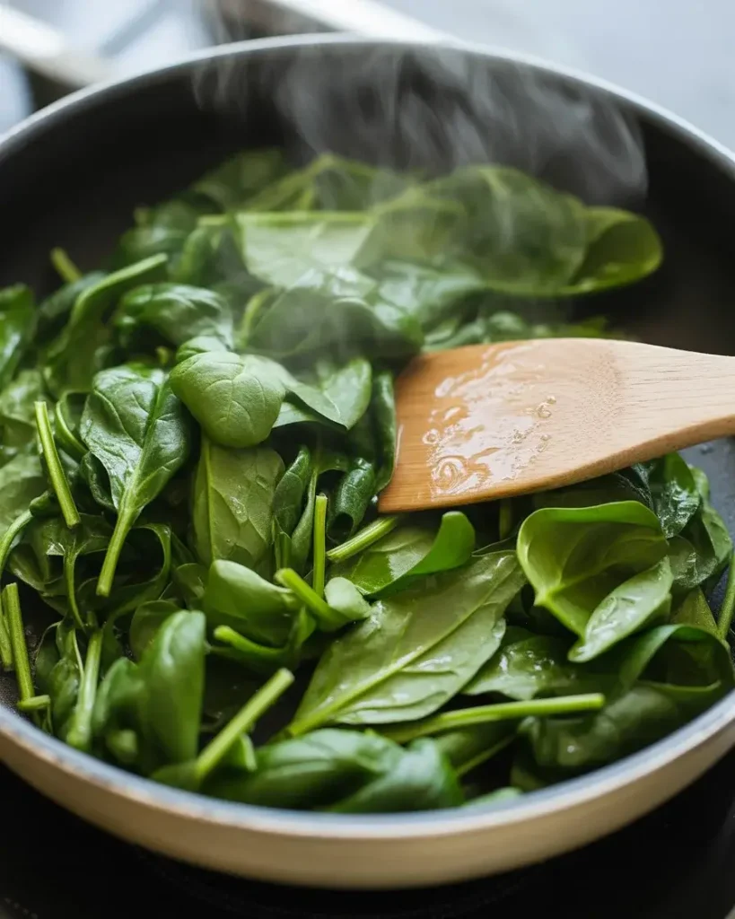 Wilting fresh spinach in olive oil until glossy and collapsed before adding to quesadillas
