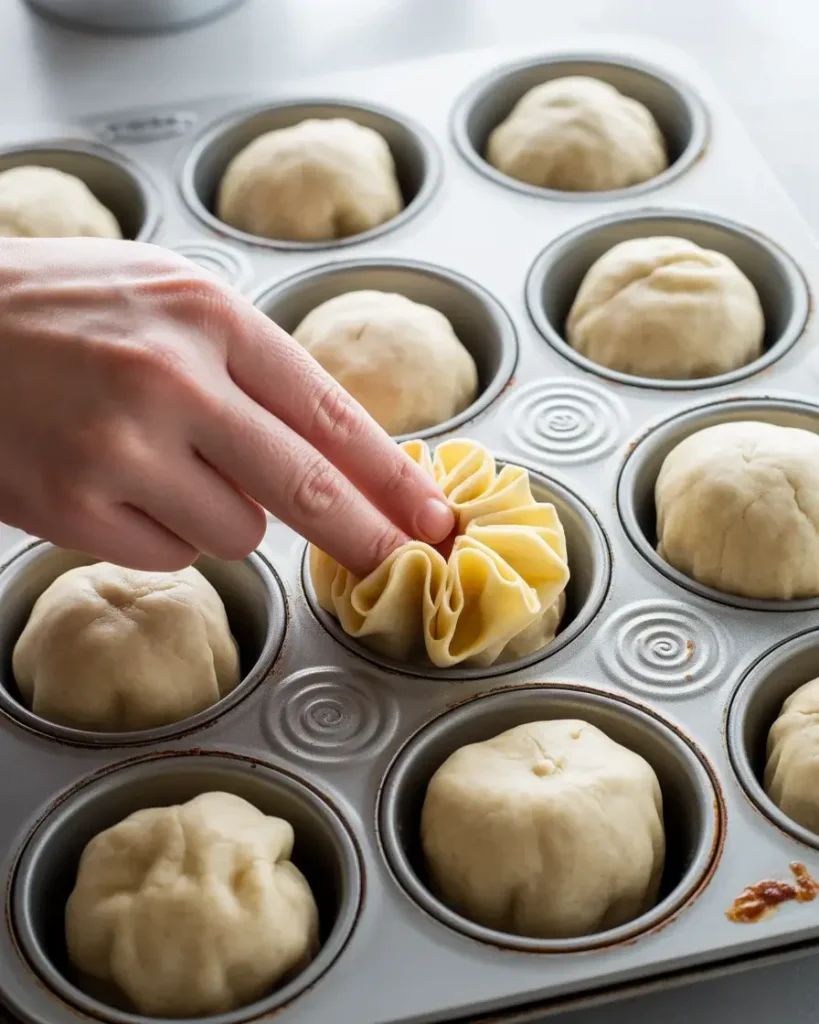 Wonton wrappers shaped into cups in a muffin tin before baking