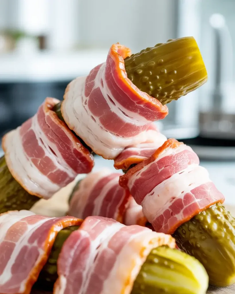 Wrapping half-slices of bacon tightly around each pickle for even cooking and maximum crispness.