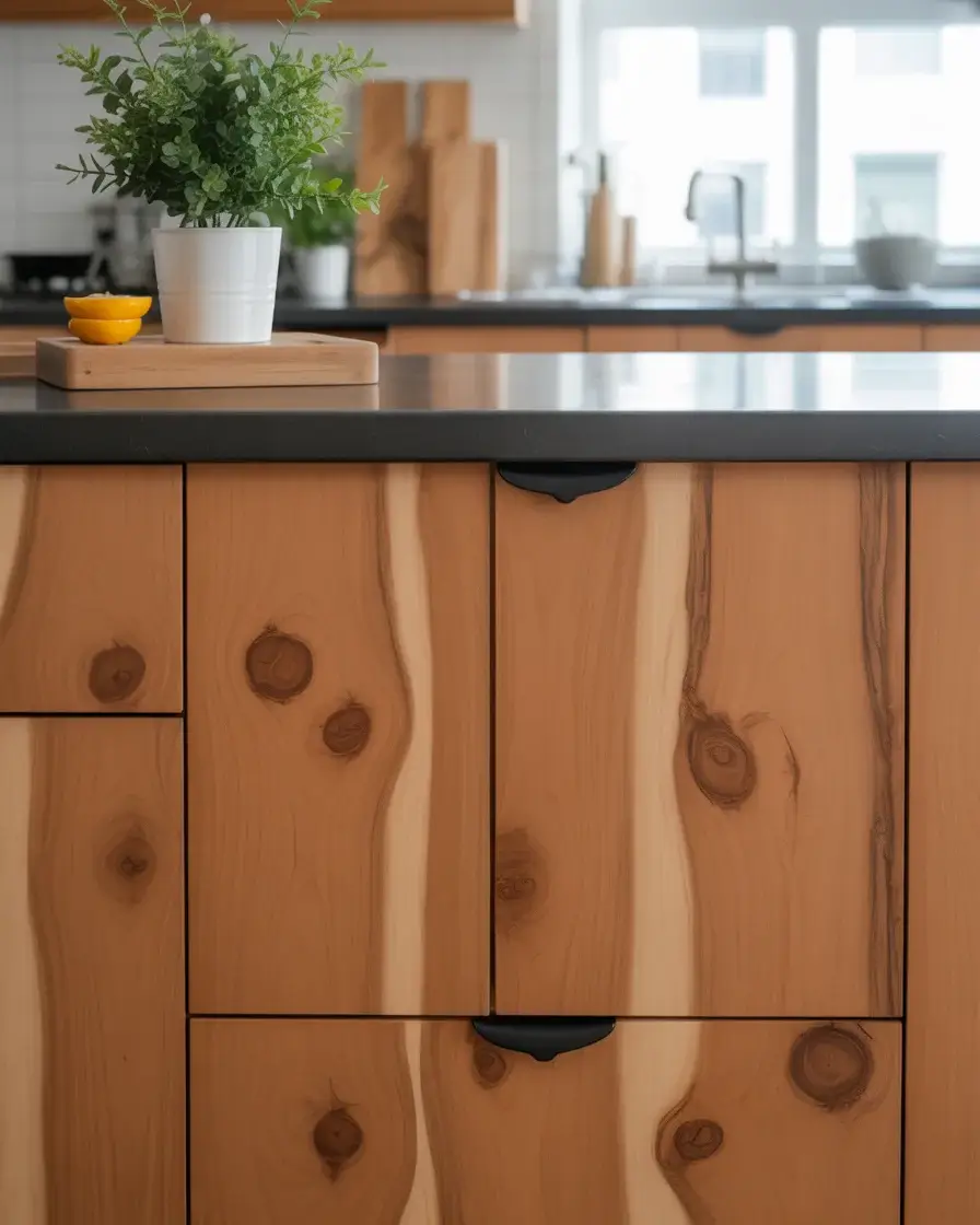 clear alder wood grain showing natural knots and warm honey tones in a modern kitchen setting
