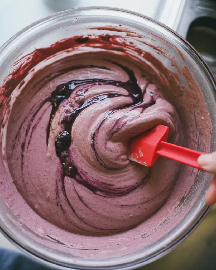 Folding blackberry reduction into cake batter for a vibrant purple hue