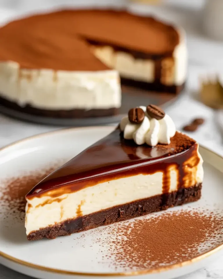 A perfect slice of espresso panna cotta cheesecake revealing three stunning layers of chocolate, cream, and coffee