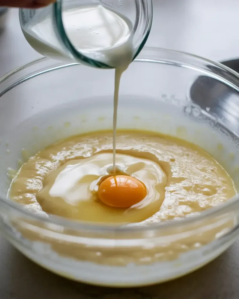 Adding egg and whole milk to the creamed butter for a smooth, glossy batter