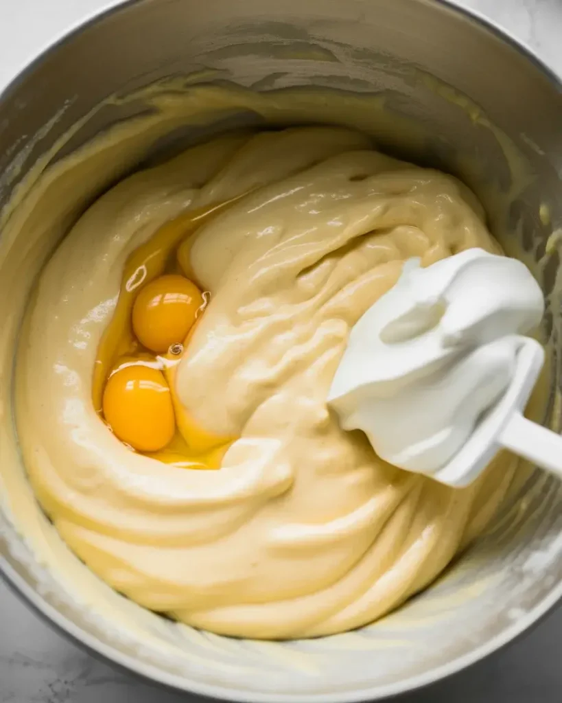 Adding eggs one at a time on low speed to keep cheesecake filling silky smooth