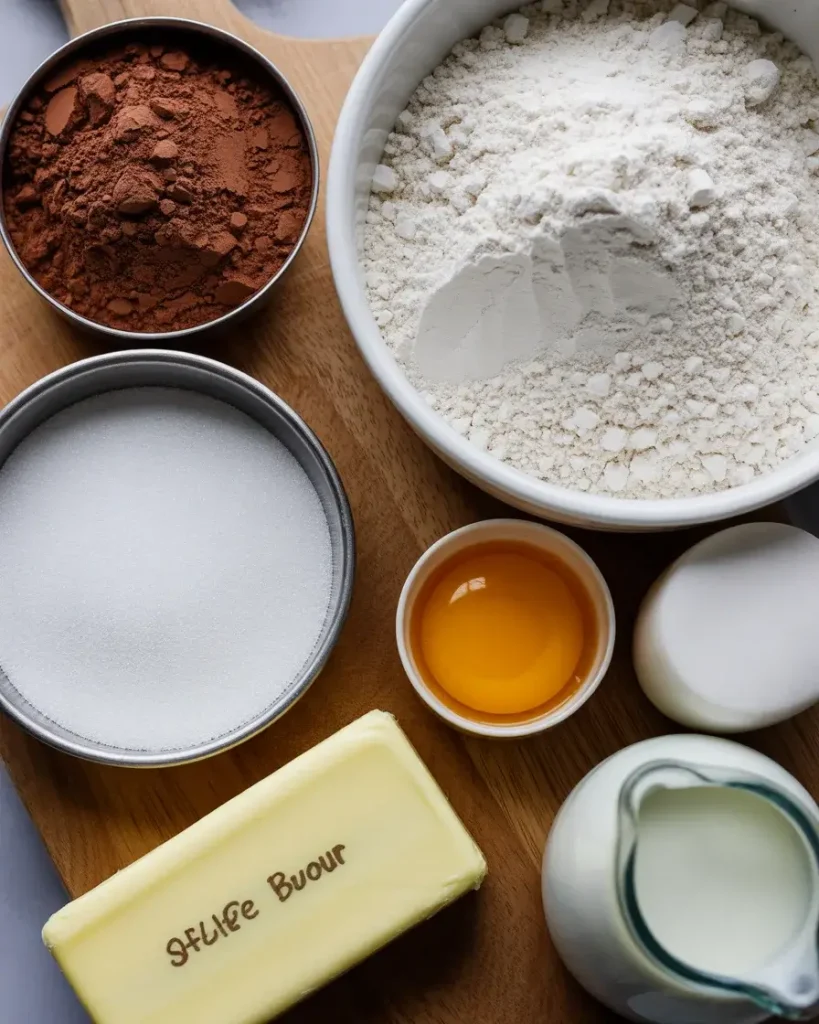 All cocoa cookie ingredients measured and ready at room temperature before mixing