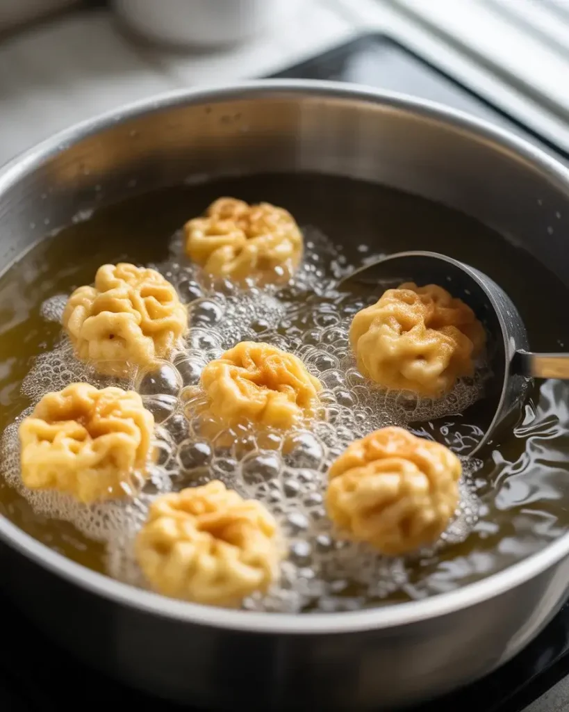 Apple fritter bites frying in small batches until deep golden brown on each side