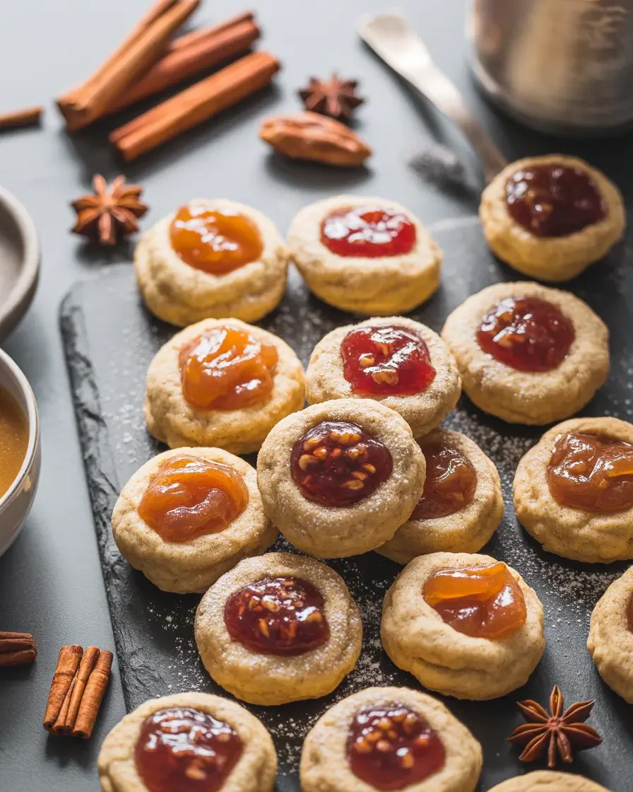 Autumn spiced thumbprint cookies filled with apple butter and fig jam, dusted with powdered sugar