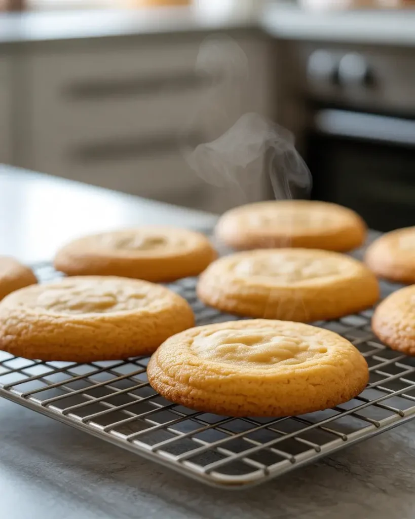 Baked cookies cooling completely on a wire rack before chocolate dipping