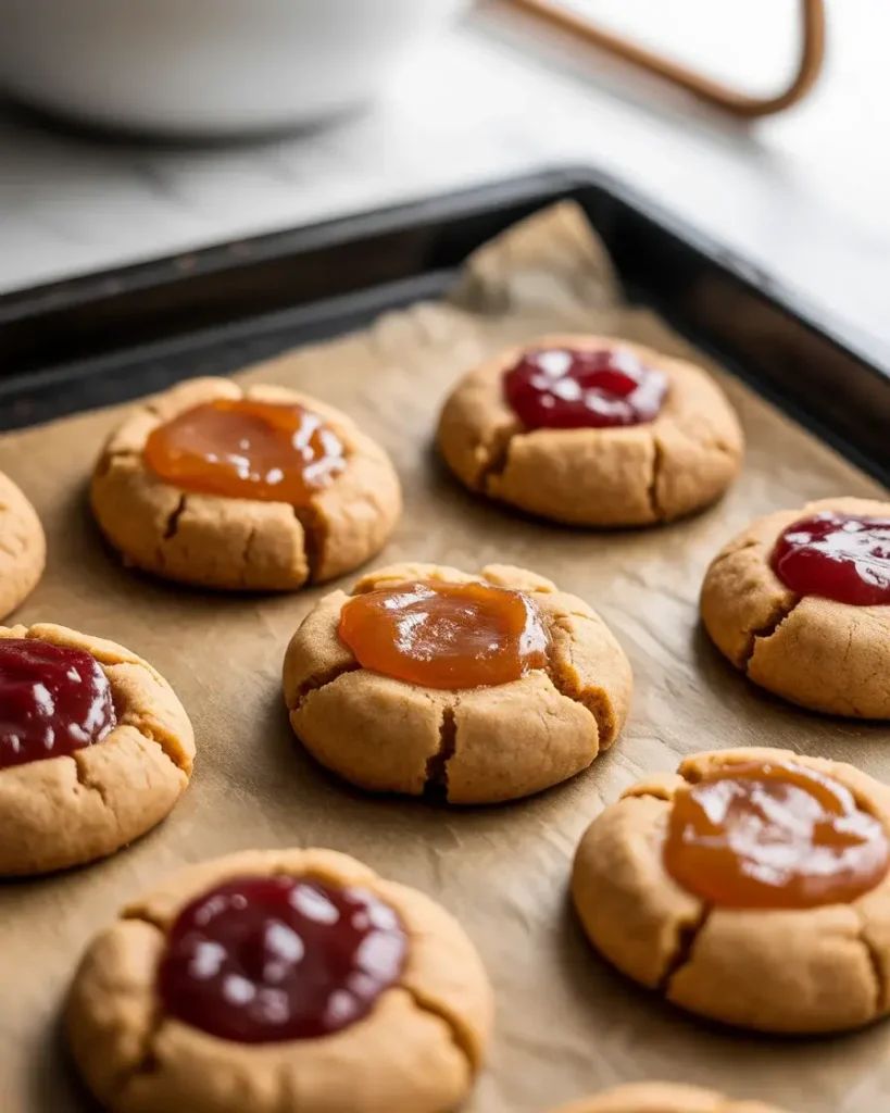 Baked thumbprint cookies with apple butter and jam fillings fresh from the oven