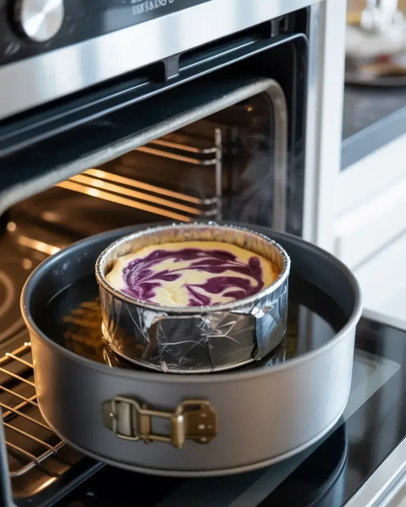 Baking cheesecake in a water bath at 325°F for silky crack-free results