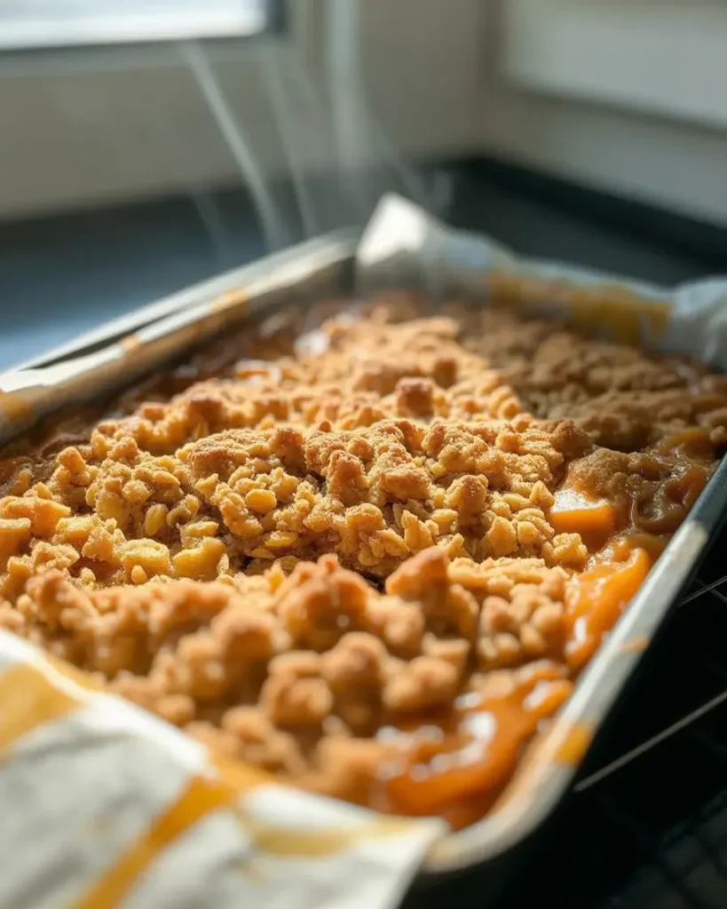 Bars fresh from the oven with golden crumble and caramel bubbling at the edges