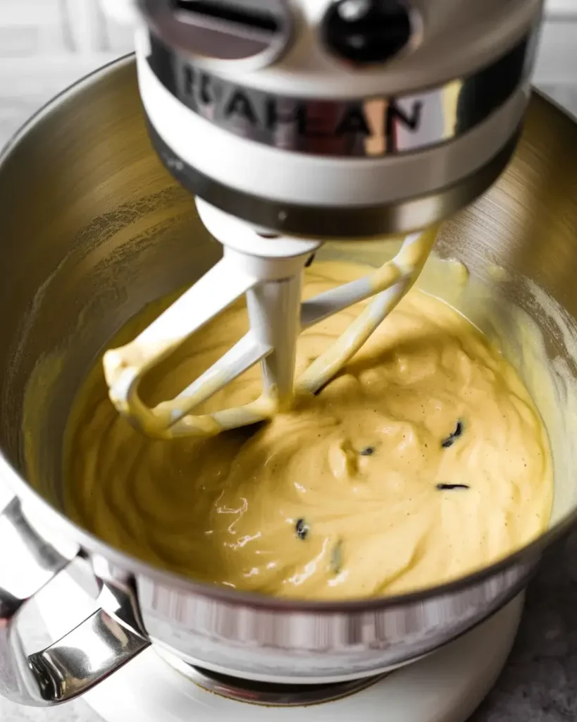 Batter showing beautiful vanilla bean specks after adding eggs and sour cream