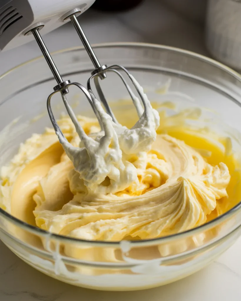 Beating butter and cream cheese together creates the tangy base for red velvet cookie dough