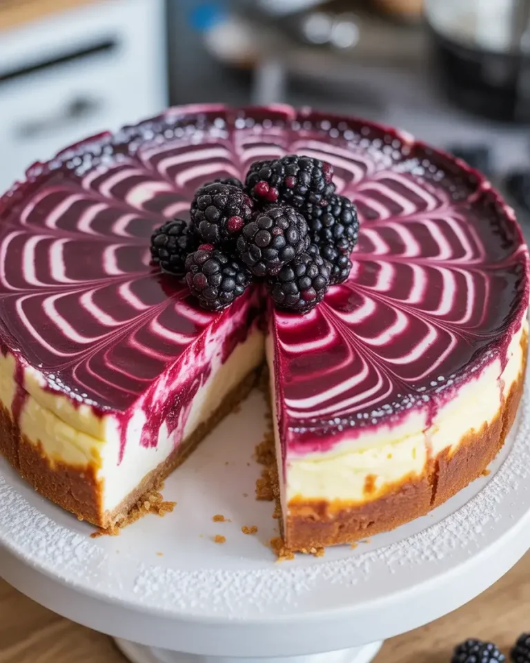 Blackberry swirl cheesecake on white cake stand with fresh berries and powdered sugar garnish