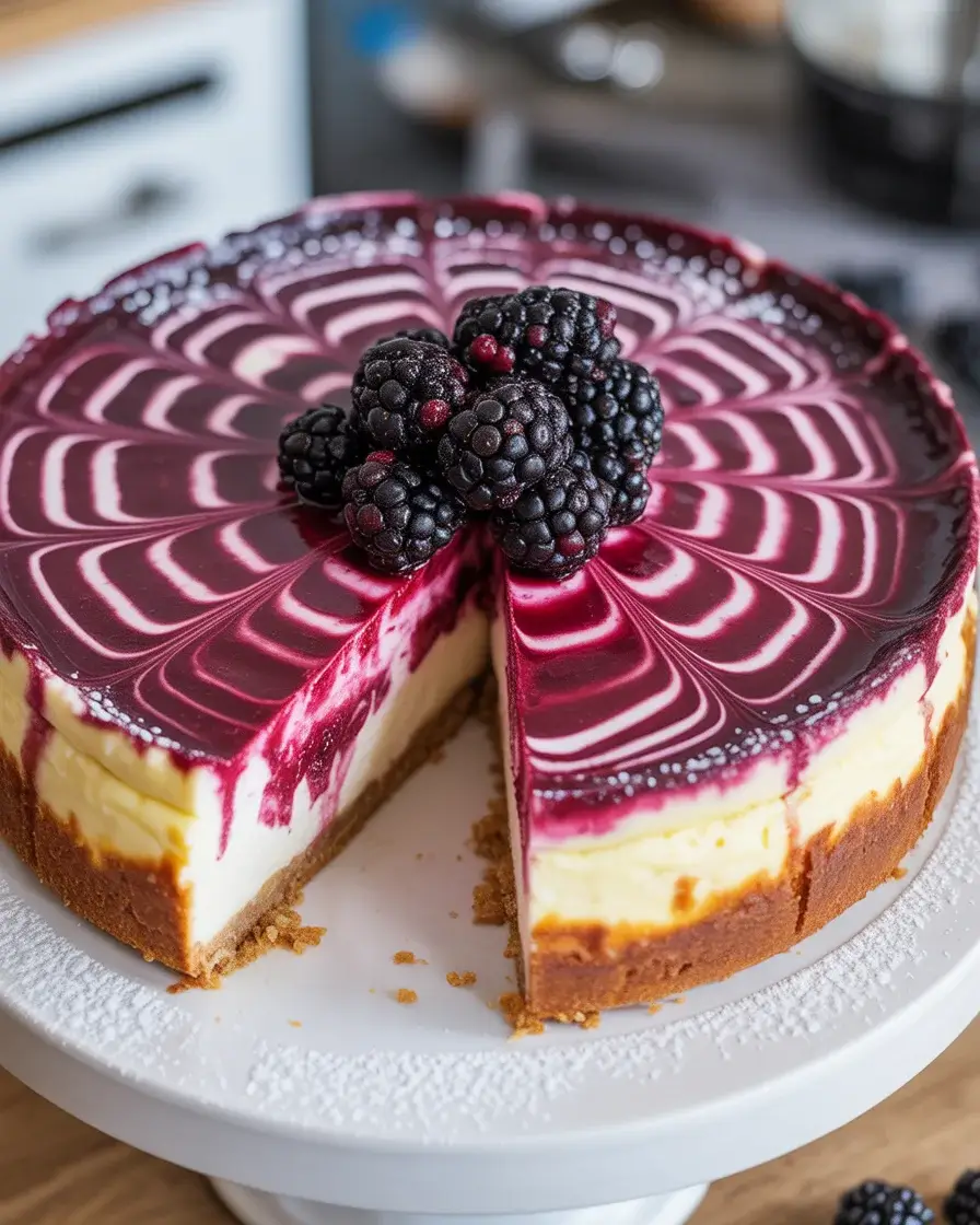 Blackberry swirl cheesecake on white cake stand with fresh berries and powdered sugar garnish