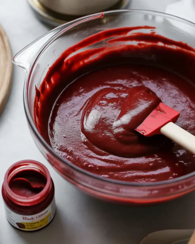 Bold red velvet batter with deep crimson color ready for layering
