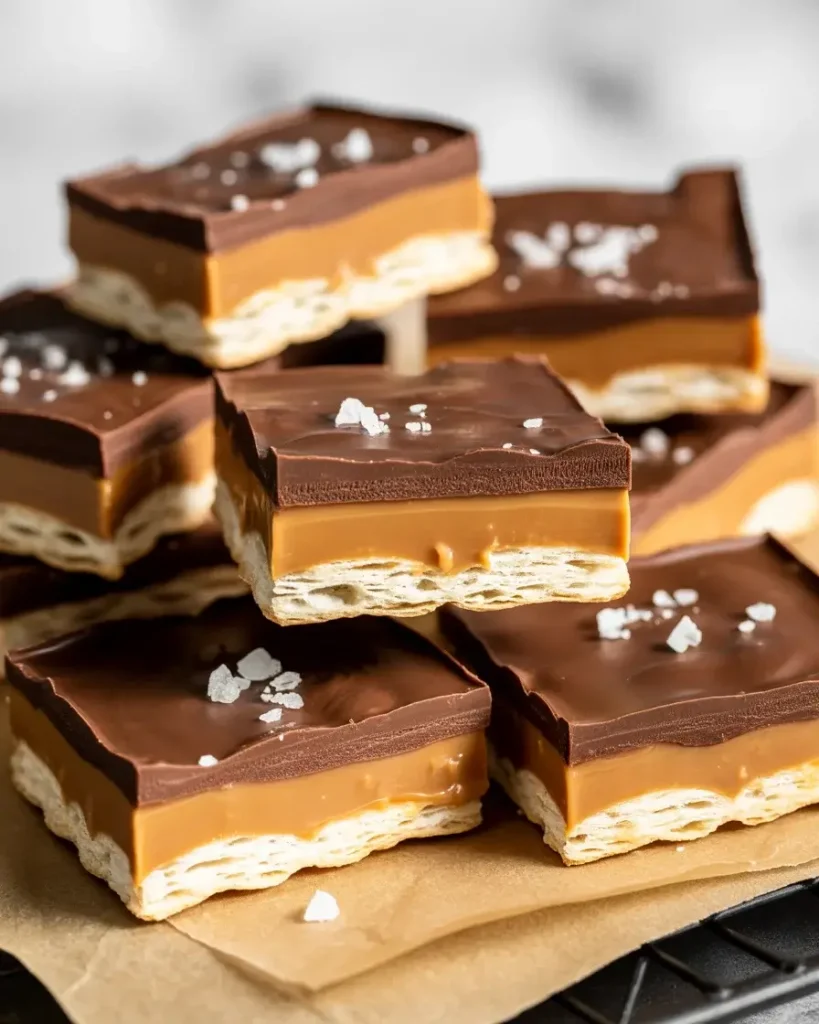 Broken cracker bites showing three distinct layers of cracker, caramel, and chocolate