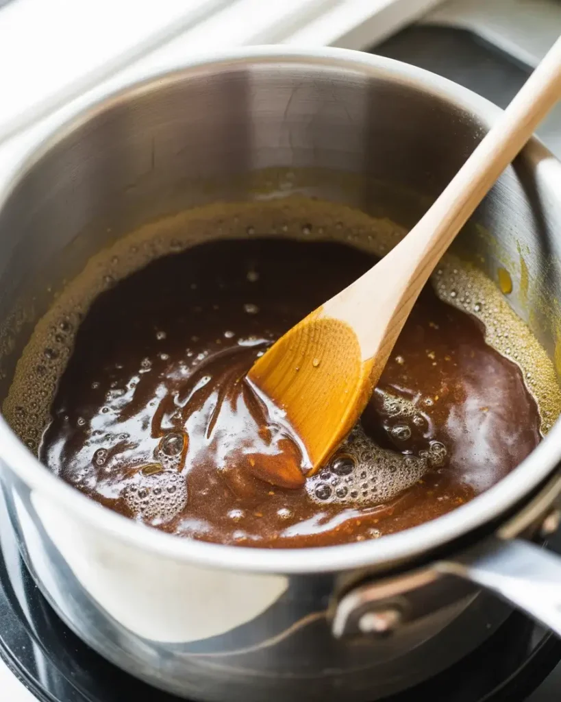 Butter and brown sugar caramel bubbling to a thick, deep amber coating consistency