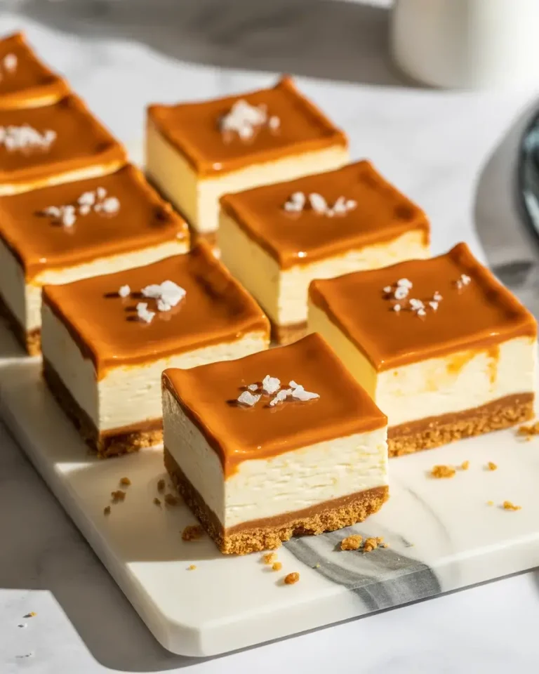 Butterscotch cheesecake bars with glossy caramel topping, creamy filling, and buttery graham crust