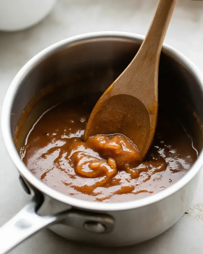 Butterscotch sauce bubbling to deep amber color - remove from heat at 4-5 minutes