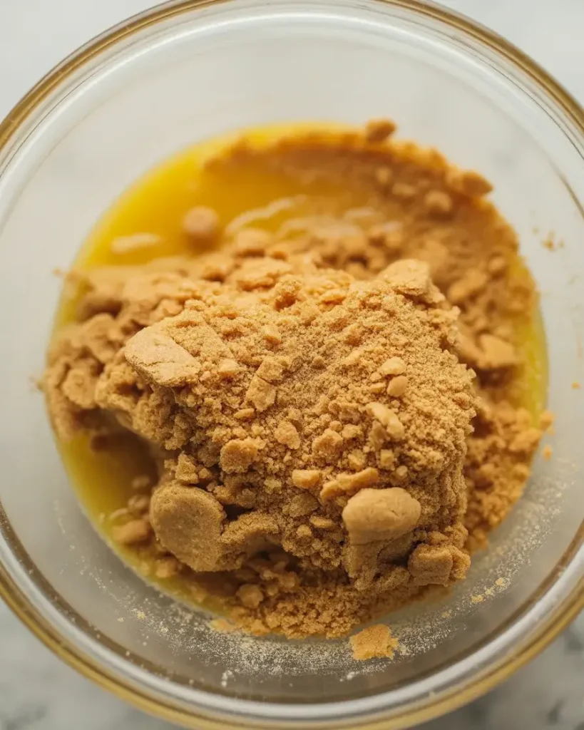 Buttery graham cracker crumbs mixed and ready to press into serving cups