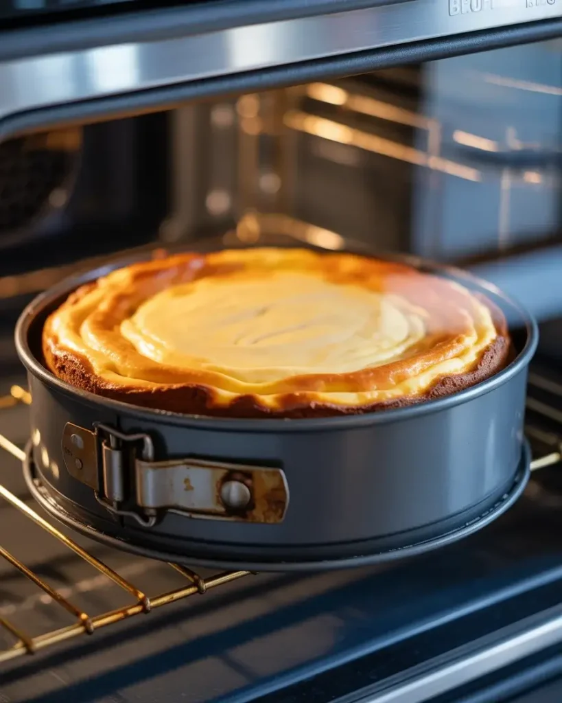 Carrot cheesecake baking at 325°F until edges are set with a slight center jiggle