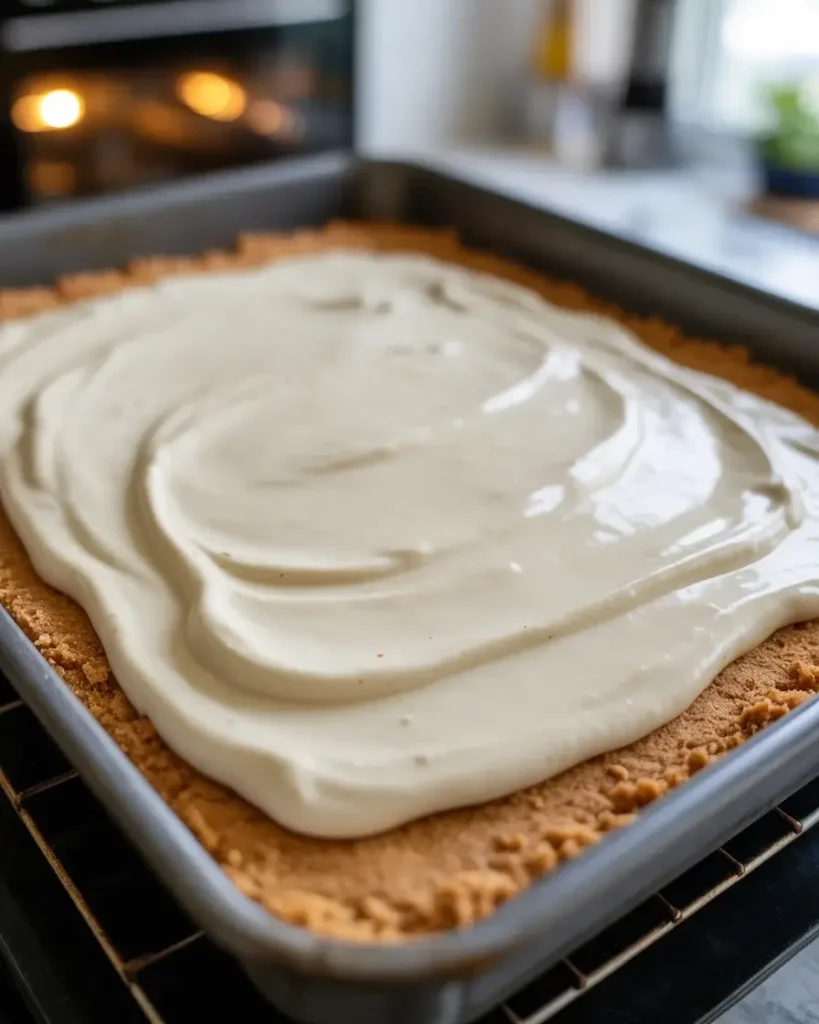 Cheesecake filling poured over crust showing smooth surface ready for the oven