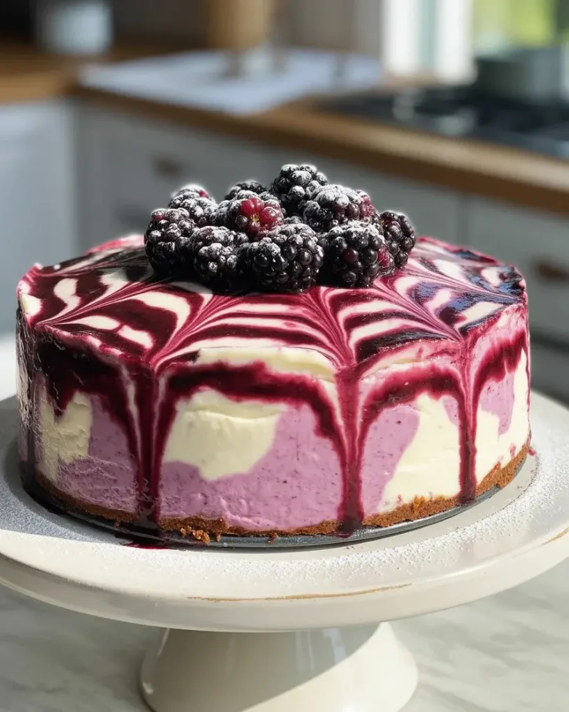 Chilled blackberry swirl cheesecake with crack-free top, fresh berries, and powdered sugar