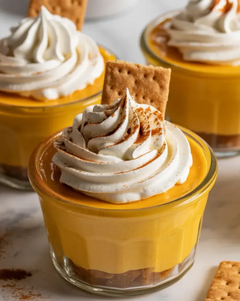 Chilled pumpkin pie cups garnished with whipped cream, cinnamon, and graham crackerChilled pumpkin pie cups garnished with whipped cream, cinnamon, and graham cracker