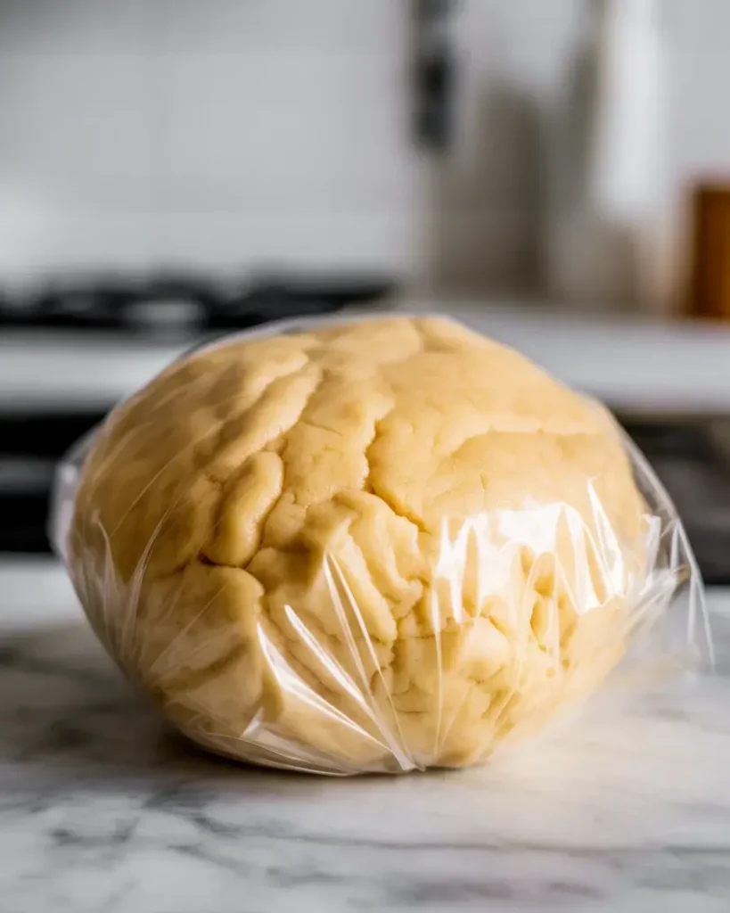 Chilled thumbprint cookie dough wrapped and resting before shaping