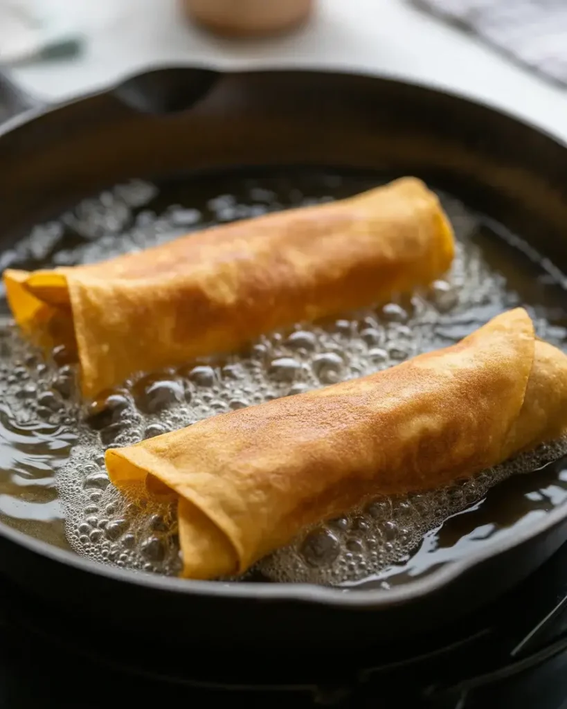 Chimichangas frying at 350°F until deep golden brown and perfectly crispy
