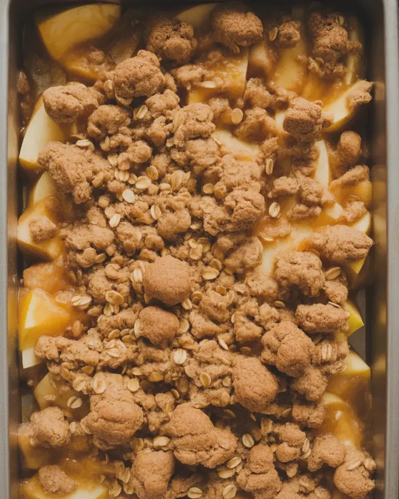 Chunky oat crumble topping scattered generously over spiced apple filling