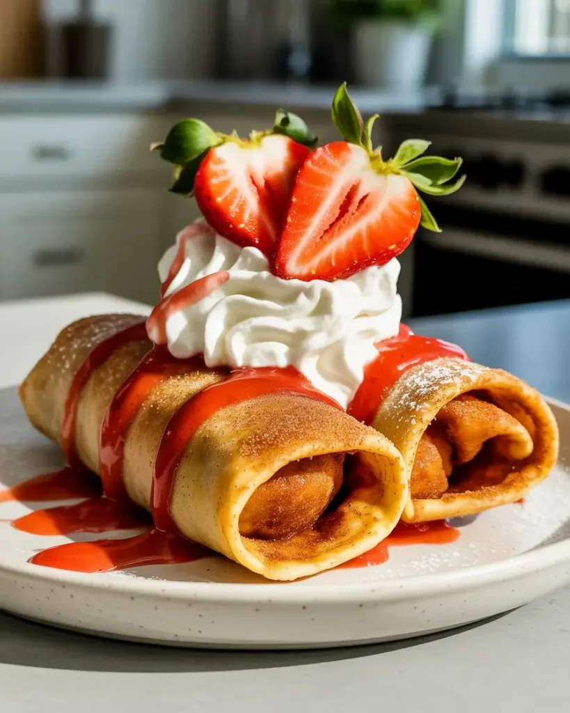 Cinnamon sugar chimichangas topped with whipped cream and fresh strawberries