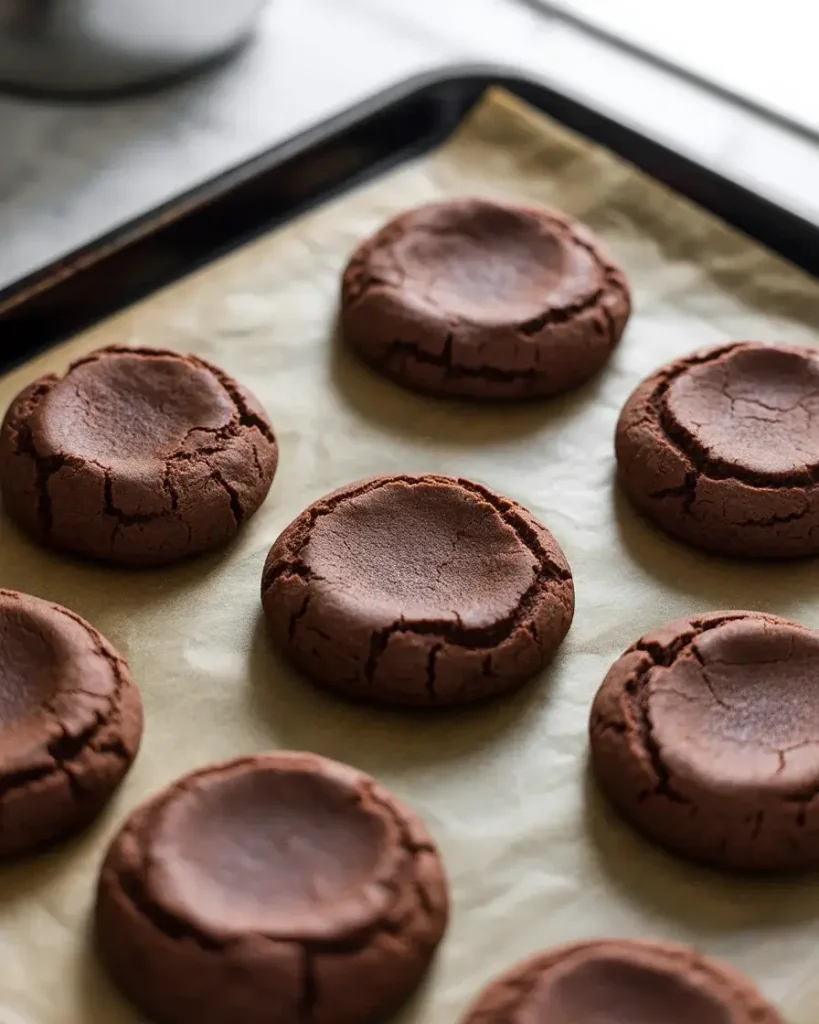 Cocoa cookies fresh from the oven with matte, set surfaces and crispy golden edges
