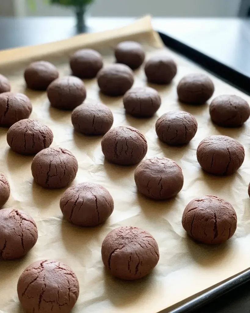 Cocoa dough rounds pressed flat and evenly spaced on parchment-lined baking sheet