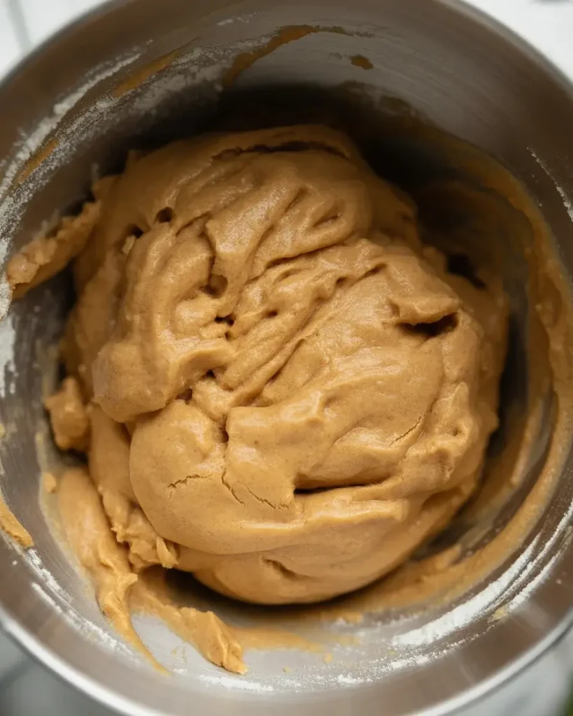 Cookie dough mixed just until flour disappears, thick and slightly sticky