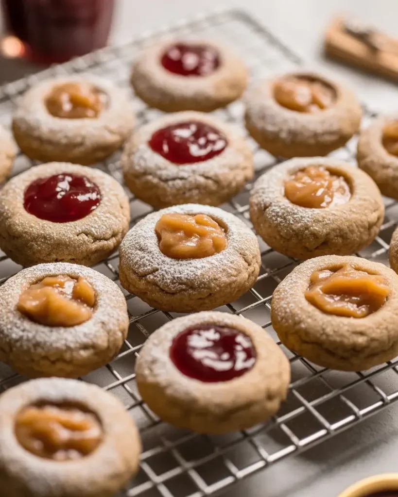 Cooled thumbprint cookies dusted with powdered sugar on a wire rack