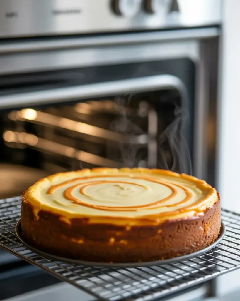 Cooling cheesecake gradually in a cracked oven to prevent surface cracks