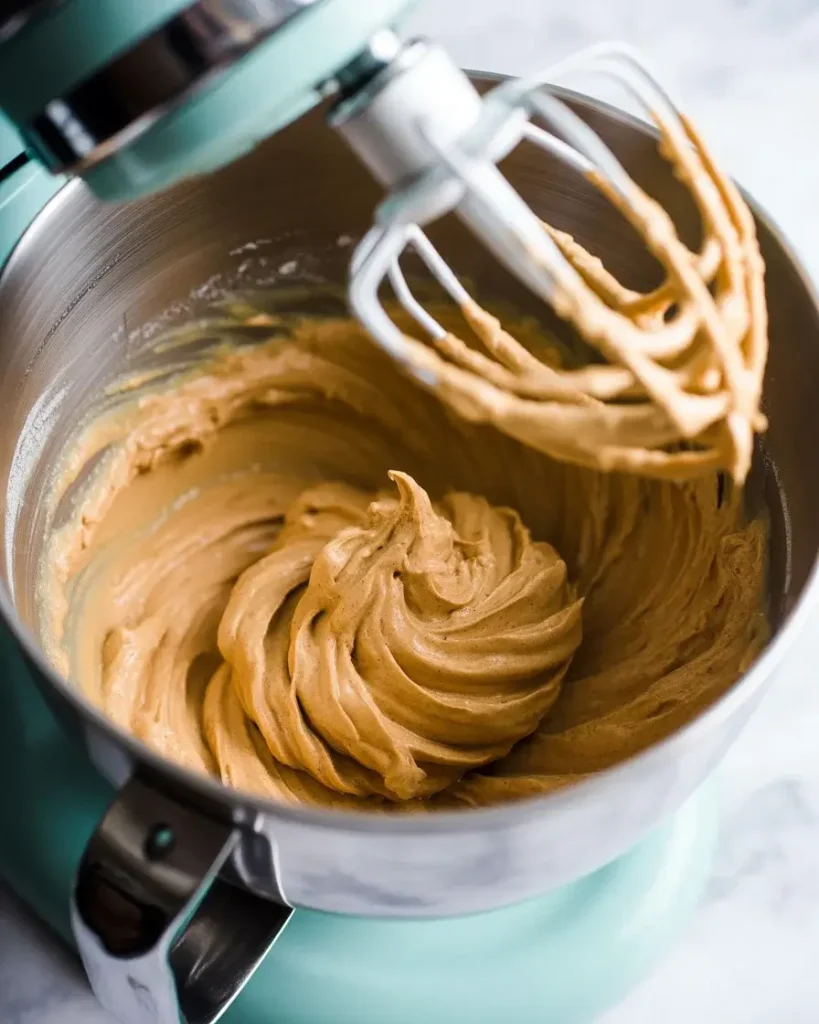 Creaming peanut butter and sugars until pale and fluffy, about 3 minutes