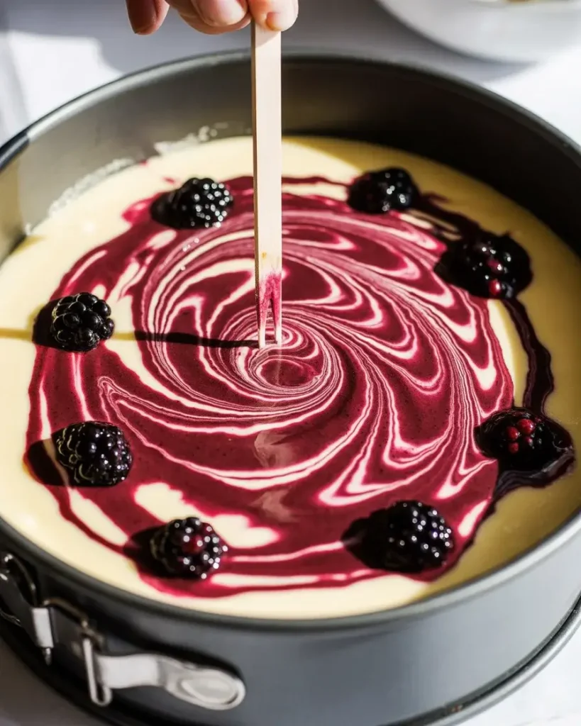 Creating beautiful blackberry swirls through white cheesecake batter with a wooden skewer