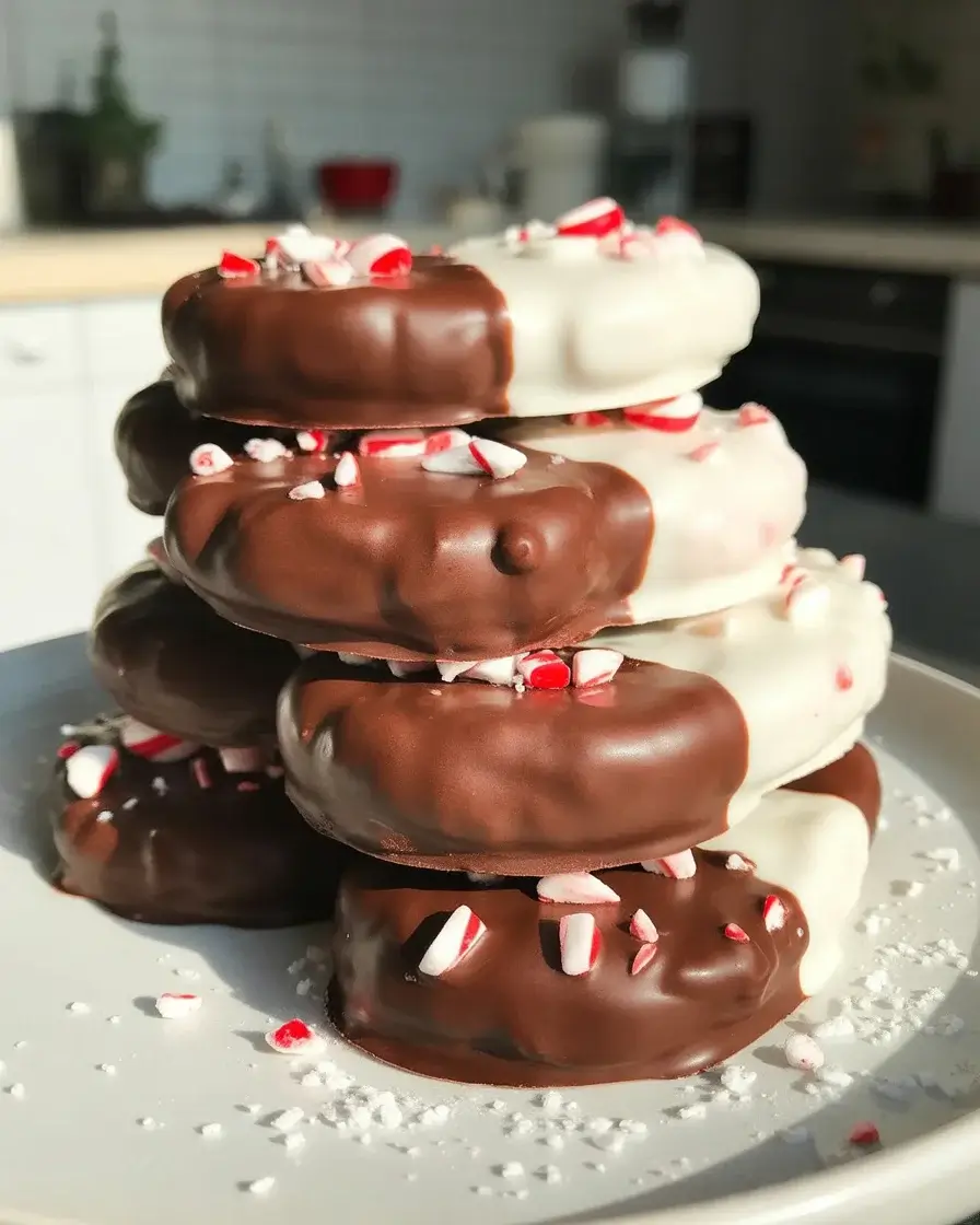 Crisp peppermint cookies half-dipped in dark chocolate and topped with crushed candy canes