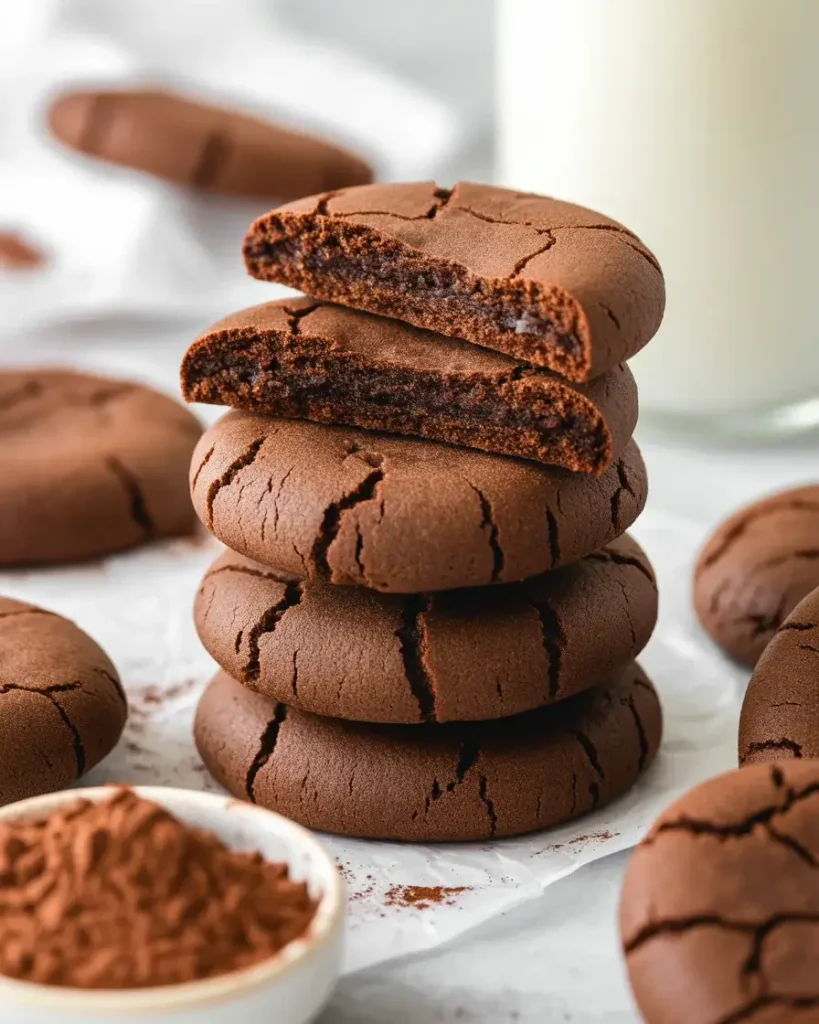 Crispy squeaky cocoa cookies stacked and snapped to show deep chocolate crunch inside