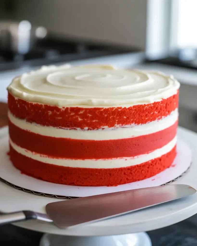 Crumb-coated red and white cake showing stunning layer contrast before final frosting
