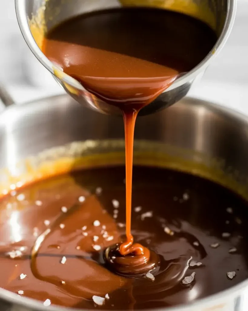 Deep amber salted caramel sauce ready to drizzle over apple filling
