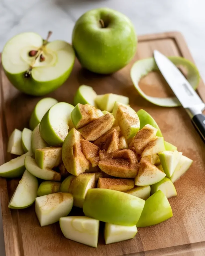 Diced apples tossed with cinnamon and sugar - the key first step for flavorful fritter bites
