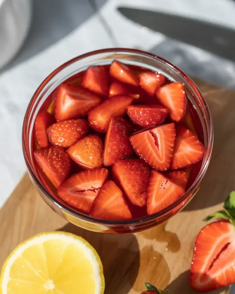Diced fresh strawberries macerating in sugar and lemon juice until glossy