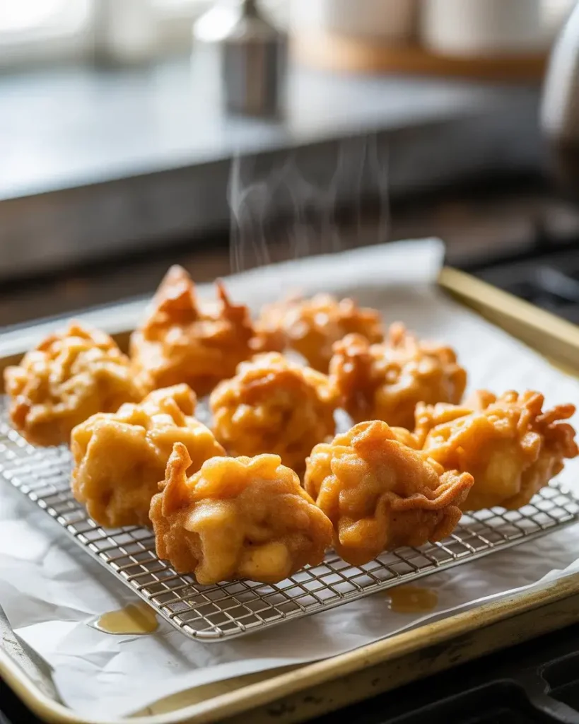 Draining fritter bites on a wire rack keeps the exteriors crispy on all sides