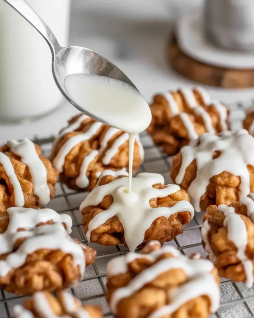 Drizzling warm vanilla glaze over golden fritter bites as it sets into a crackly sweet shell