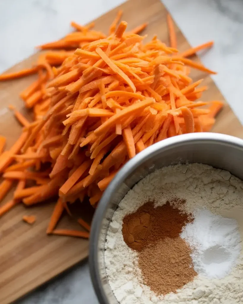Fine-grated carrots and dry spice mixture ready to combine for the carrot base